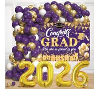 Décorations de fête de remise de diplôme 2026 - Kit d'arche de ballons de remise de diplôme avec ballons violets et dorés - Toile de fond de félicitations pour diplômés - Ballons en aluminium pour