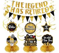 Décorations de fête de retraite pour hommes et femmes, kit de décorations de retraite « Happy Retirement » noir et doré, bannière « The Legend Has Retired », centres de table à suspendre, tourbillons
