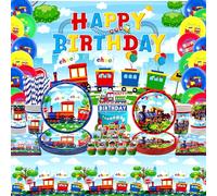 Décorations de fête de train, comprend une toile de fond pour anniversaire, assiettes, décorations de cupcakes, serviettes, tasses, nappes, pour la fête de train et les fournitures de fête de véhicule