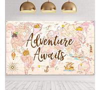 Décorations de Fête de Voyage Toile de Fond Bon Voyage Adventure Awaits Toile de Fond de Carte d'Aventure pour Fête d'Anniversaire Graduation Baby Shower Photomaton Rose, 70,8 x 43,3 Pouces