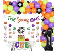 Décorations de fête d'Halloween pour 1er anniversaire, bannière The Spooky One, décoration de gâteau et bannière de chaise haute - Orange, violet, vert, noir, kit de décorations de cupcakes pour