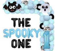 Décorations de fête d'Halloween pour 1er anniversaire de garçon, The Spooky One, décorations d'anniversaire pour garçon, arche de ballons bleu pastel, chauve-souris fantôme le numéro 1 effrayant