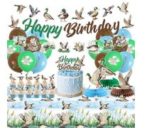 Décorations de fête en forme de canard colvert comprenant une bannière « Happy Birthday », des décorations de gâteaux, des centres de table en nid d'abeille, une nappe et des ballons pour les