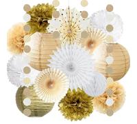 Décorations de fête en papier blanc et doré - Lanternes en papier à suspendre - Éventail en nid d'abeille - Pour Noël, mariage, fiançailles, enterrement de vie de jeune fille, anniversaire, fête
