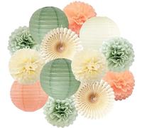 Décorations de Fête en Papier - Pompons, Lanternes Vert Sauge, Crème, Pêche pour Anniversaire, Mariage, Fiançailles, Fête Prénatale et Prénuptiale