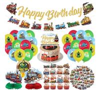Décorations de fête en train vintage, comprend une bannière « Happy Birthday », des décorations de gâteau, des autocollants, des ballons, des centres de table en nid d'abeille, pour fête