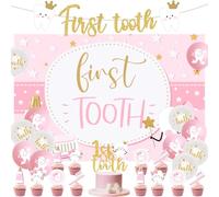 Décorations de fête « First Tooth » - Bannière dorée à paillettes - Toile de fond rose - Décoration de gâteau - Ballons imprimés pour demi-anniversaire