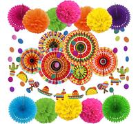 Décorations De Fête Mexicaine,21 Pièces D'éventails En Papier Multicolores,Pompons,Guirlandes Et Accessoires Pour Cinco De Mayo,Taco,Fête D'anniversaire