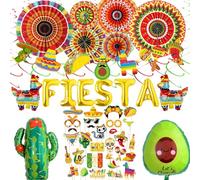 Décorations de fête mexicaines sur le thème de la fête - 49 pièces multicolores en papier éventail, bannière, ballons de fiesta, cactus, piñata, avocat, ballons pour Cinco De Mayo, Taco, Carnaval
