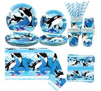 Décorations de fête orques de l'océan - Assiettes « Happy Birthday » - Assiettes, nappes, serviettes, vaisselle pour orques - Fournitures de fête sous la mer - Pour 20 personnes