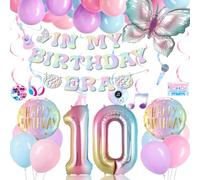Décorations de fête pastel pour 10e anniversaire pour filles, ensemble de décorations de fête pour fille de 10 ans avec ballons papillon, bannière In My Birthday Era, ballons en aluminium en forme de