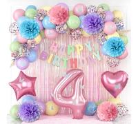 Décorations de fête pastel pour 4e anniversaire de fille - Ballons en forme de chiffre 4 - Bannière « Happy Birthday » - Autocollants à franges - Pompons en papier rose macaron - Étoile, cœur