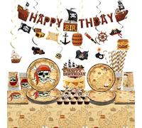 Décorations de fête pirate - 20 invités - Comprend des assiettes, des gobelets, des serviettes, une nappe, une bannière, une décoration de gâteau, des guirlandes suspendues pour enfants, garçons