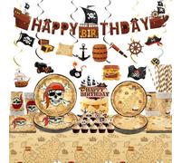 Décorations de fête pirate pour 20 invités - Comprend des assiettes, tasses, serviettes, nappe, bannière, décoration de gâteau, tourbillons à suspendre pour enfants, garçons, anniversaire, fête au