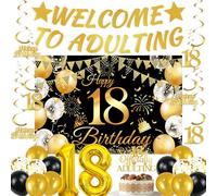 Décorations de fête pour 18e anniversaire pour garçons et filles - 25 pièces noires et dorées y compris bannière « Welcome to Adulting » avec bannière « Happy 18th Birthday » - Ballon numéro 18 pour