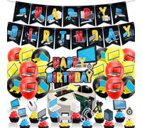 Décorations de fête pour ordinateur, accessoires de fête d'anniversaire comprenant une bannière d'anniversaire, une décoration de gâteau, des cupcakes, des ballons