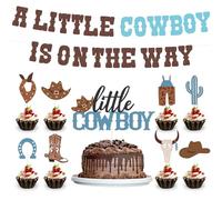 Décorations de fête prénatale « A Little Cowboy is on the Way » - Décorations de gâteaux sur le thème des cowboy, fournitures de fête occidentales, bannière de cowboy occidentale, décoration de fête
