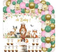 Décorations de fête prénatale animaux de la forêt pour filles - Guirlande de ballons de créatures de la forêt - Kit d'arche de ballons « Oh Baby » « It's a Girl », fournitures de fête prénatale sur le thème de la forêt