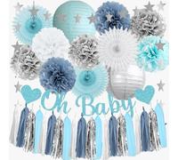 Décorations de fête prénatale bleu clair et argenté pour garçon Oh Baby White Silver Dusty Blue Décorations de fête prénatale en papier blanc d'hiver avec guirlande de pompons en papier