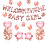 Décorations de fête prénatale filles - Welcome Home Baby Girl Letter Balloon Banner, Stork Heart and Star Foil Balloons, Girl Newborn Gender Reveal Supplies Rose Gold