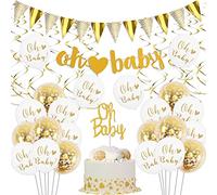 Décorations de Fête Prénatale or Et Blanc Unisexe Fille Garçon avec Oh Baby Confettis Ballons Bannière Fanion Guirlande Décoration Gâteau Tourbillons Suspendus pour Oh Baby Neutre Sexe Révéler Fête