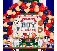 Décorations de fête prénatale pour garçon - Guirlande de ballons rouges et bleus, toile de fond « A New Little Boy is on the Way », ballons en aluminium sur le thème du sport, football, basket-ball,