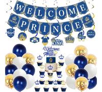Décorations de fête prénatale Prince Royal pour garçon - Welcome Prince Banner Hanging Swirls Navy Blue Gold Glitter Cupcake Toppers Crown Balloons for Prince Baby Shower Birthday Party Supplies