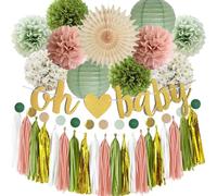 Décorations de fête prénatale vert olive sauge et rose poudré - Décoration de fête prénatale - Décoration de fête prénatale - Vert et rose - Décorations de révélation du sexe avec bannière « Oh Baby