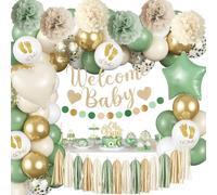 Décorations de fête prénatale vert sauge, bannière de bienvenue pour bébé, ballons en latex avec confettis en latex avec pompons pour décoration de gâteau bohème neutre