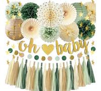 Décorations de fête prénatale vert sauge - Décorations neutres pour fête prénatale - Bannière dorée Oh Baby - Vert olive - Pompons en papier - Guirlande de pompons en papier - Décoration de fête de