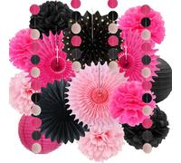 Décorations de fête rose vif et noir pour filles et femmes - Pompons en papier de soie à suspendre - Lanternes en papier à suspendre - Pour mariage, anniversaire, remise de diplôme, enterrement de vie