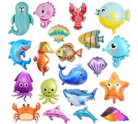 Décorations de fête sous la mer - Lot de 21 ballons en aluminium motif animaux de l'océan, requin, dauphin, hippocampe, étoile de mer, pieuvre, crabe, poisson pour fête prénatale, fête d'anniversaire