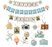 Décorations de fête sur le thème du voyage Let the Adventure Begin Banner Adventure Awaits Bon Voyage Carte Bannière Retraite Fête d'adieu Le monde attend un anniversaire, une fête prénatale