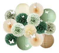 Décorations de fête vert olive - Lanternes en papier de soie crème - Pompons en papier de soie vert olive avec papillon blanc pour fête prénatale, fête prénuptiale, anniversaire, fête de mariage