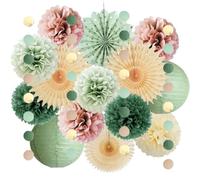 Décorations de fête vert sauge et rose poudré - Lanternes en papier vert sauge et rose poudré - Décorations de fête rétro olive crème - Éventails beiges pour anniversaire, fête prénatale, fête