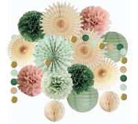 Décorations de fête vert sauge et rose poudré - Pompons en papier - Lanternes en papier à pois ronds à suspendre pour femmes et filles - Pour anniversaire, fête prénatale, mariage, fête prénuptiale