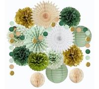 Décorations de fête vert sauge, vert olive, vert sauge, doré - Pompons en papier de soie à pois ronds à suspendre pour fête prénatale, fête prénuptiale, fête d'anniversaire de mariage