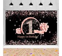 Décorations de fond « Happy 1st Birthday » pour filles avec inscription « Happy 1 Year Old » - En tissu - Pour fille - Fond photo noir et rose - Fournitures de fête pour 1er anniversaire, 150 x 90 cm
