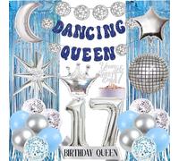 Décorations de gâteau d'anniversaire 17 ans « Dancing Queen » - 26 pièces pour décoration de gâteau « Young and Sweet Only 17 » - Ballons argentés explosifs pour fête d'anniversaire - Pour maman et
