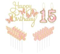 Décorations de gâteau d'anniversaire en forme de papillon pour 15e anniversaire - Numéro 15 - Or rose - Pour fête sur le thème des papillons