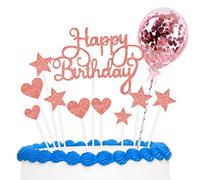 Décorations de gâteau d'anniversaire « Happy Birthday » - Bannière à paillettes - Ballons confettis - Étoiles - Cœur - Décorations de cupcakes pour fête d'anniversaire - Or rose