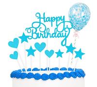 Décorations de gâteau d'anniversaire « Happy Birthday » - Bannière à paillettes - Ballons confettis - Étoiles - Cœur - Décorations de cupcakes pour fête d'anniversaire - Bleu