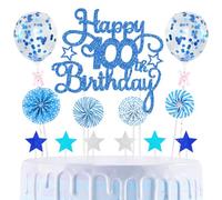 Décorations de gâteau d'anniversaire pour 100e anniversaire - Bougies en forme de chiffre bleu - Pics à gâteau d'anniversaire - Étoiles en papier - Décoration de gâteau d'anniversaire - Fournitures de