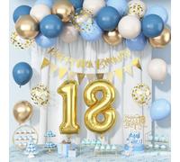 Décorations de gâteau d'anniversaire pour 18e anniversaire - Ballons bleu poussiéreux, crème, blanc, or - Décoration de gâteau d'anniversaire pour dix-huit ans