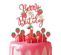Décorations de gâteau d'anniversaire Red Berry avec fleurs blanches - Bougie numéro 1 sur le thème de la fraise pour gâteau - Décorations de fête d'anniversaire 1er anniversaire