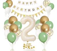 Décorations de gâteau de 2e anniv. avec ballons alu. Chiffre 2 - Bann. « Happy Birthday » - Bl. & dor.