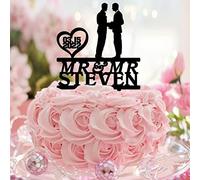 Décorations de gâteau de mariage en forme de couple homosexuel - Silhouette amusante - Nom personnalisé - Date de mariage - Décoration de gâteau LGBTQ - Cadeau pour couple gay - En acrylique - Noir