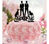 Décorations de gâteau de mariage Mr & Mr en acrylique noir avec silhouette de chien et de chat rétro pour couple masculin LGBT Décorations de mariage amour gay personnalisé nom date hommes cadeaux