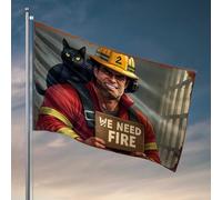 Décorations de grotte pour homme pompier avec chat noir tenant un panneau « We Need Fire » - Décoration amusante (30 x 45 cm)