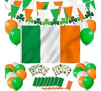 Décorations de la Saint-Patrick, drapeau irlandais de la Saint-Patrick 150 x 90 cm avec œillets, guirlande de drapeaux triangulaires irlandais de 6 m, bannière trèfle, 8 drapeaux irlandais à main, 15